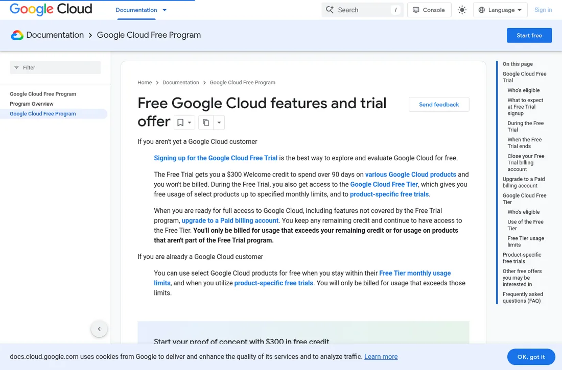 مستندات رسمی Google Cloud Free Program درباره اعتبار ۳۰۰ دلاری و ۹۰ روز مهلت استفاده