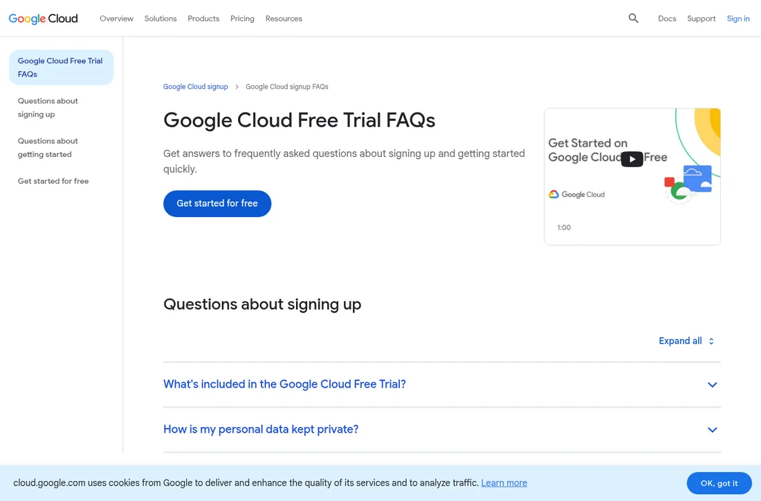 صفحه پرسش‌های متداول ثبت نام Google Cloud و توضیح شرایط واجد شرایط بودن Free Trial